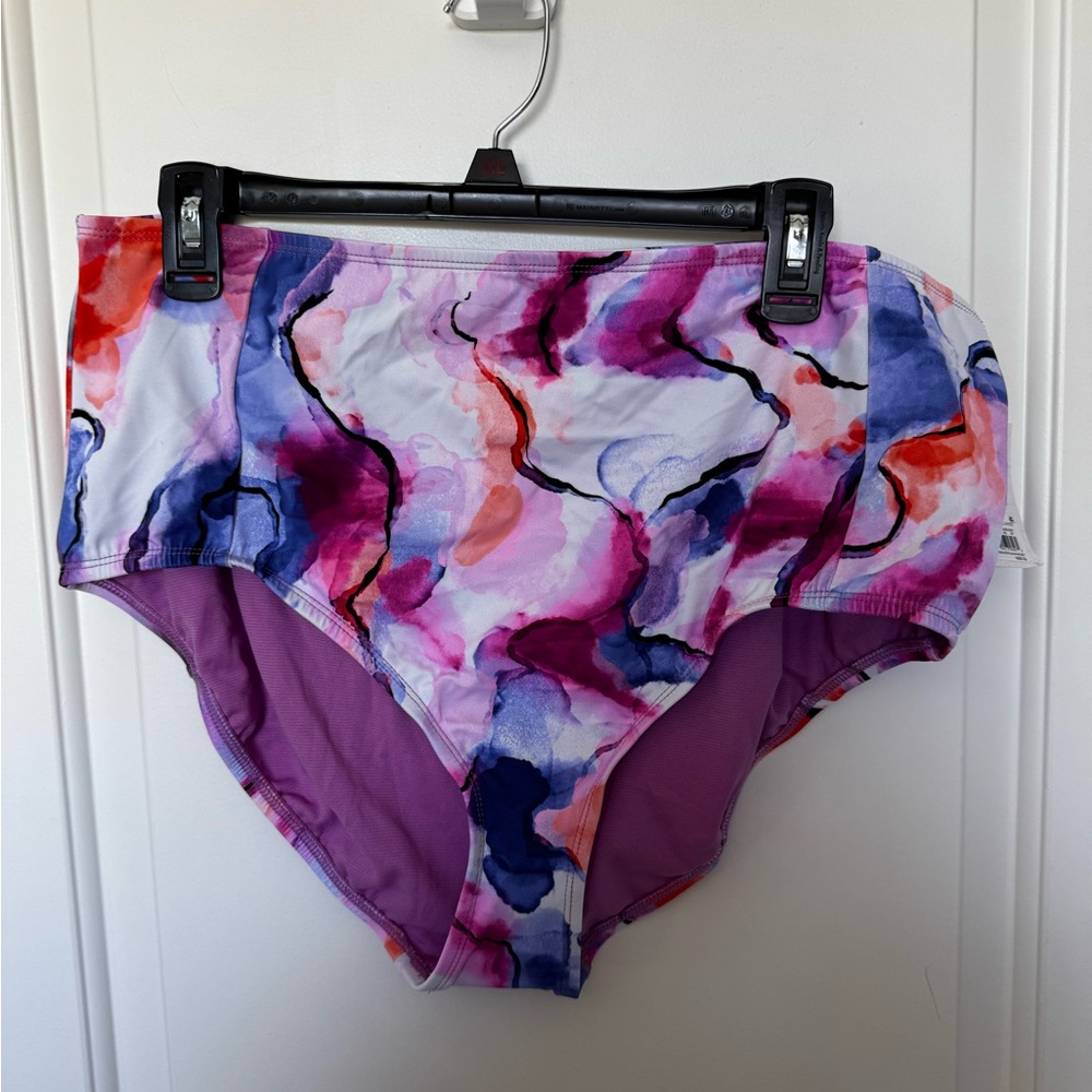 High-Waist Watercolor Print Bikini Bottoms - Multi Purple